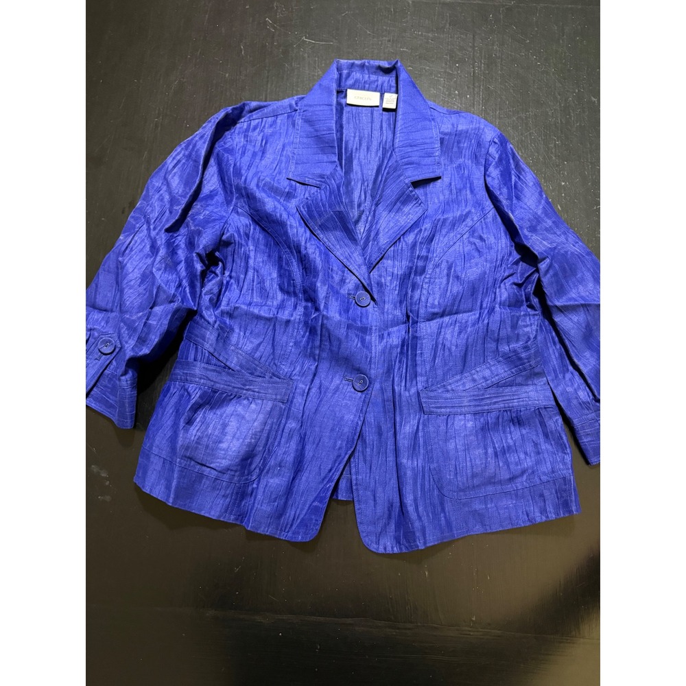 Chicos Royal Blue Linen Blend Crinkle Blazer Jacket Size 2 Large L 3/4 Sleeve